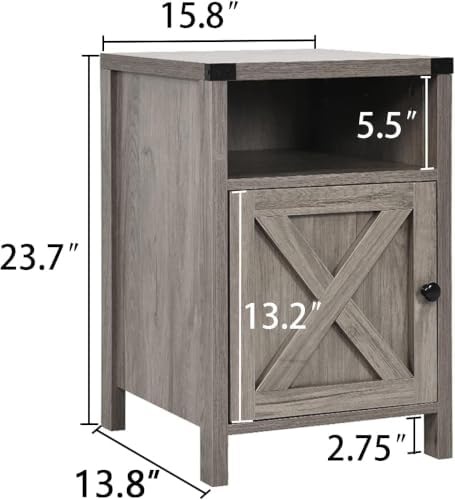 Catrimown Farmhouse End Table, Nightstand Set of 2, Rustic Night Stand with Barn Door and Storage Shelf, Gray End Table, Side Table for Bedroom Living Room, Gray Wash