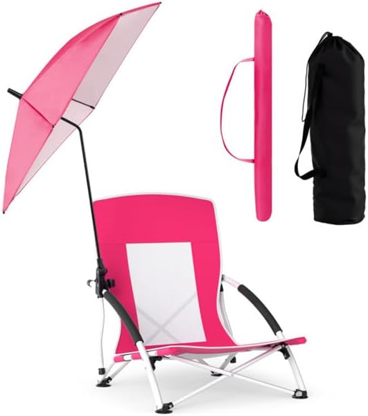 Portable Beach Chair with Detachable Umbrella, Pink, 600D Oxford Fabric, UPF 50+, 330 lbs Capacity, Includes Carry Bag