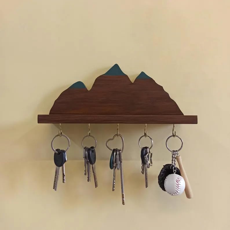 Wooden Mountain Key Holder with Shelf, Rustic Wall Mounted Key Rack, Decorative Entryway Organizer with 5 Hooks, Natural Wood Home Decor for Entryway Bedroom Kitchen