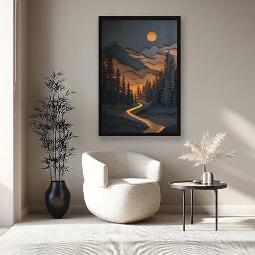 WANXU Sparkling River And Full Moon Layered Mountain Landscape Wall Print, Rustic Forest Scene for Country House Decor Or Themed Interiors Canvas Poster Bedroom Decor Sports Landscape Office Room Deco