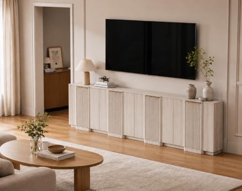 Yechen Buffet Cabinet with Storage, 55" Accent Sideboard Modern Credenza with Doors & Adjustable Shelves Fluted Media Console Wood Coffee Bar Table for Living Kitchen Dining Room White(4 Door)
