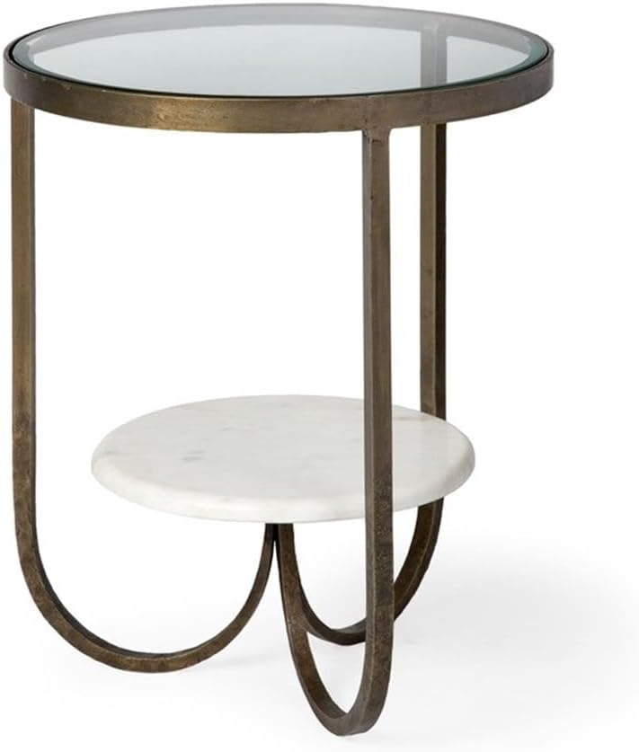 Pemberly Row Round Glass Top End Table, Gold Metal Frame with Marble Shelf, 20 in x 20 in x 24 in, Durable Iron Construction, Elegant Design for Living Room or Office Decor