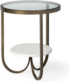 Pemberly Row Round Glass Top End Table, Gold Metal Frame with Marble Shelf, 20 in x 20 in x 24 in, Durable Iron Construction, Elegant Design for Living Room or Office Decor