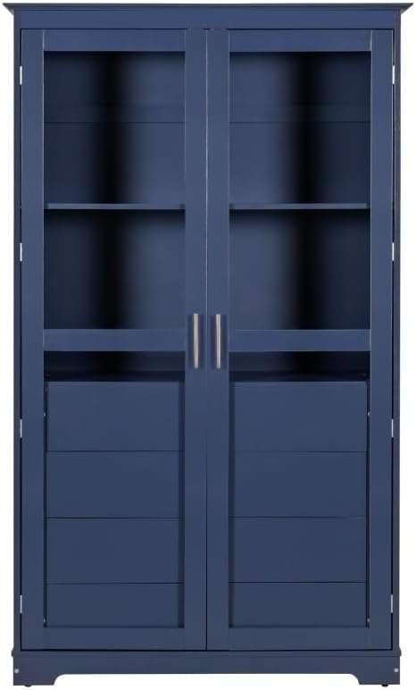 JIJIWANG Kitchen Pantry Cabinet,Coffee Bar Storage with Glass Doors and 4 Built-in Drawers,Food Pantry for Kitchen,Dining Room,Living Room and Garage,Home Office,Blue