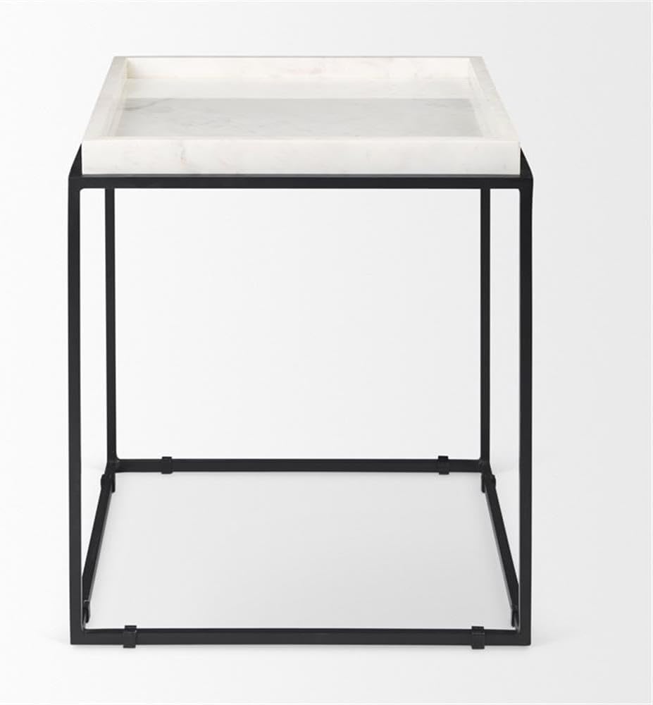 Pemberly Row Square White Marble and Black Metal End Table, 18 in x 18 in x 20 in, Raised Edges, Matte Black Base, Elegant Side Table for Living Room or Bedroom Decor