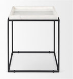 Pemberly Row Square White Marble and Black Metal End Table, 18 in x 18 in x 20 in, Raised Edges, Matte Black Base, Elegant Side Table for Living Room or Bedroom Decor
