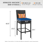Sundale Outdoor Wicker Bar Stool Set of 2, 30 Inch Seat Height Patio Counter Height Stool with Back Rest, Rattan Woven Tall Chair with Pillow & Navy Blue Cushion, High Bar Stool - Steel, Charcoal