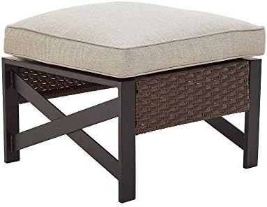 LOKATSE HOME Outdoor Wicker Ottoman with Cushion Patio Bistro All Weather Rattan Furnitur Footrest Seat Steel X-Leg, Brown