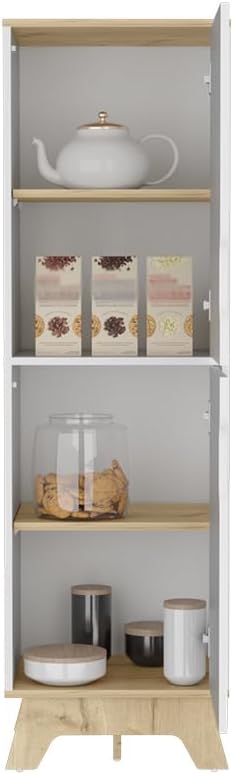 17.7" D*13.6" W*59.3" H Corner Freestanding Kitchen Pantry with 2 Shelves, 2 Single Doors, Rectangular Wood Storage Cabinet, Modern Minimalist, for Living Room, Dining Room, White