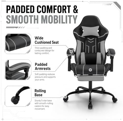 Gaming Desk Chair for Adults, Ergonomic Gaming Chair with Footrest & Headrest and Lumbar Support, Leather Material Height Adjustable Computer Video Game Chairs (Black+Gray)