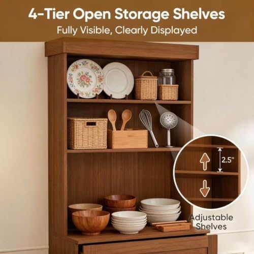 71" Farmhouse Kitchen Pantry Cabinet with Glass Doors & Drawers, Set of 3 – Dark Brown Freestanding Coffee Bar Hutch with Adjustable Shelves, Large Storage Cabinet with Microwave Stand for Kitchen