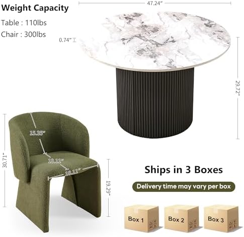 NORDICANA 3-Piece Round Dining Table Set for 2, Modern 47-Inch Kitchen Table and Chair Set, Dining Set with Dark Green Upholstered Armchairs, Manufactured Wood Top with White Marble Effect Finish