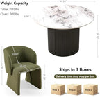 NORDICANA 3-Piece Round Dining Table Set for 2, Modern 47-Inch Kitchen Table and Chair Set, Dining Set with Dark Green Upholstered Armchairs, Manufactured Wood Top with White Marble Effect Finish