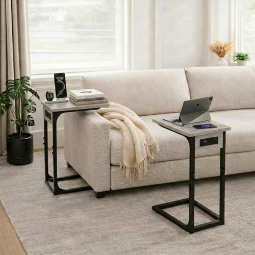 TEMI C Shaped End Table for Couch with Charging Station, Small Side Table TV Tray for Eating or Laptop, Accent Desk for Sofa or Chair, Space Saving Living Room Bedroom, Greige