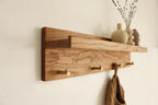 Solid Oak Wall Mounted Coat Rack Shelf with 5 Brass Hooks, Entryway Hanging Key Holder Organizer, Modern Wooden Wall Shelf with Hooks for Hallway, Living Room, Bathroom