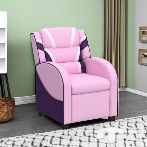 Costzon Kids Recliner, Gaming Recliner Chair w/Footrest, Headrest, Lumbar Support & Side Pockets, Ergonomic Leather Lounge Chair for Living & Gaming Room, Adjustable Recliner Sofa for Boys Girls, Pink