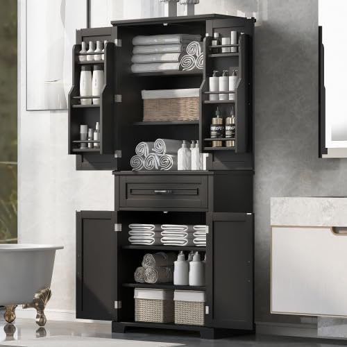 Bathroom Storage Cabinet with Doors and Drawer, Multiple Storage Space, Adjustable Shelf, White (Black)