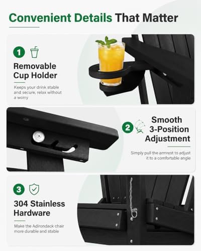 YEFU Adirondack Chairs Set of 2 for Outdoor: Folding Plastic Adirondack Chair with Cup Holder & Adjustable Back for Adult - All-Weather HDPE Weather Resistant for Patio Lawn - Easy Assembly(Black)