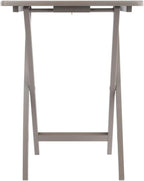 Pemberly Row Solid Wood 5-Pc Snack Table Set, Oyster Gray Finish, Rectangular Folding Tables with Storage Rack, Compact Design, 19.05 x 14.56 x 25.98 in, Durable Living Room or Home Use