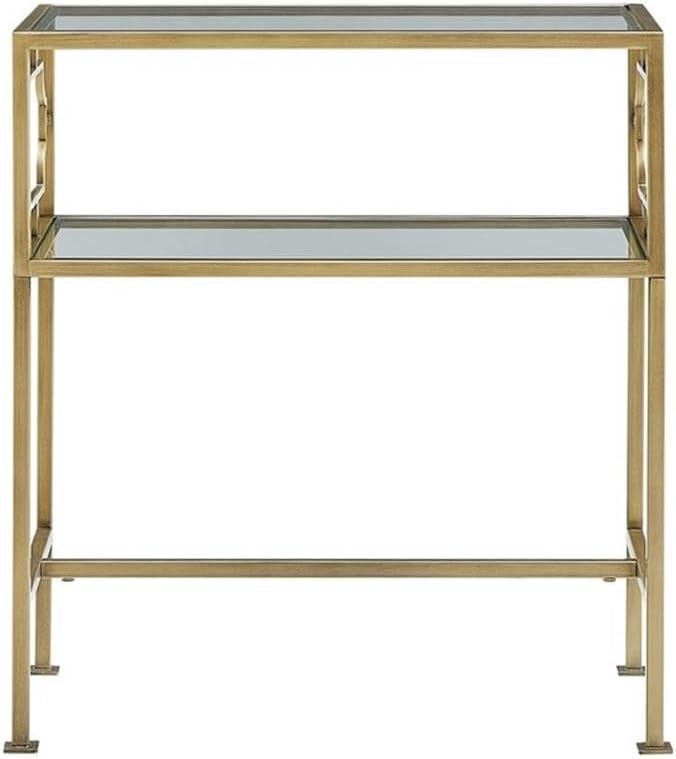 Pemberly Row Rectangular Accent Table, Antique Gold Metal Frame and Clear Tempered Glass, 23.38" W x 13.38" D x 26" H, 2-Tier Design with H-Style Stretcher, Modern Table for Living Room or Entryway