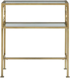 Pemberly Row Rectangular Accent Table, Antique Gold Metal Frame and Clear Tempered Glass, 23.38" W x 13.38" D x 26" H, 2-Tier Design with H-Style Stretcher, Modern Table for Living Room or Entryway