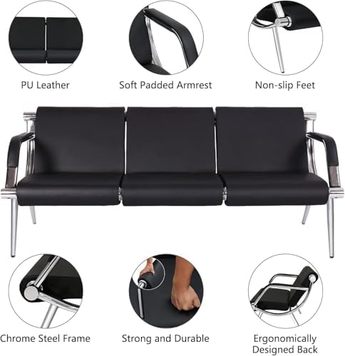 Kinfant Waiting Room Chair- Office Reception Furniture with Armrest and PU Leather Cushion, Office Guest Chair for Waiting Room Airport Hospital Bank Lobby, Black (2-seat*3)