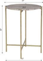 BOWERY HILL Contemporary Accent Table, 22" H x 16" W x 16" D, Dark Travertine Marble Top, Gold Iron Frame, Brown Finish, Stylish Living Room or Bedroom Side Table
