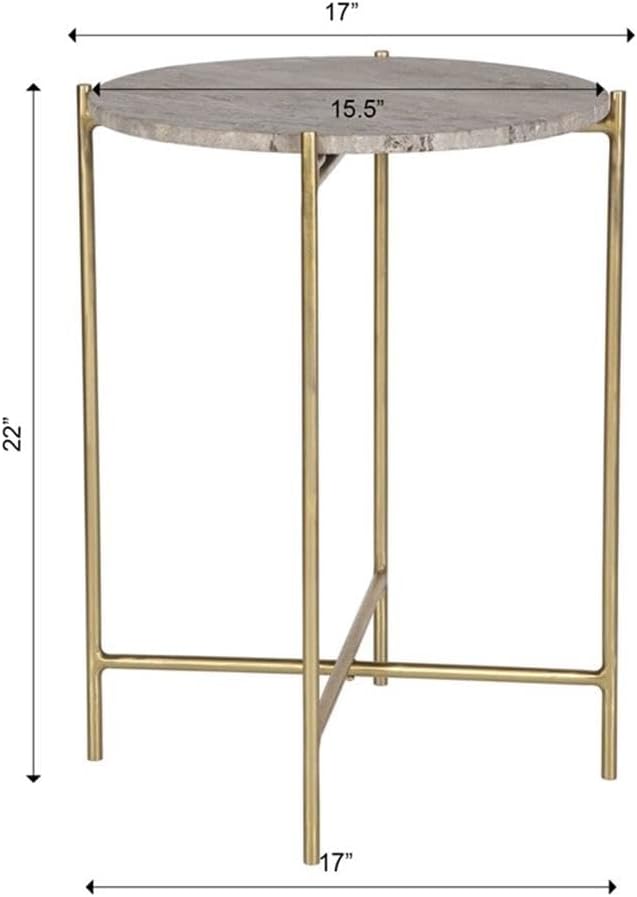 BOWERY HILL Contemporary Accent Table, 22" H x 16" W x 16" D, Dark Travertine Marble Top, Gold Iron Frame, Brown Finish, Stylish Living Room or Bedroom Side Table