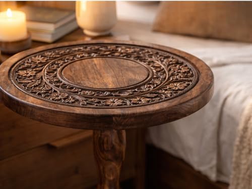 Rustic Wooden End Table 12x22 - Handcrafted Carved Side Table, Burnt Finish Bedside Table for Bedroom, Small Accent Table or Nightstand for Living Room