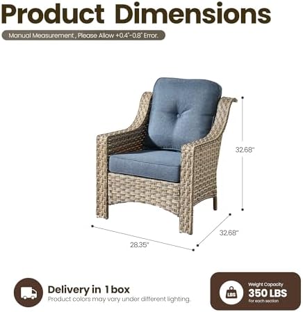 2 Piece Patio Furniture Set, Outdoor Wicker Chairs Set of 2 with Thick Cushion, Heavy Duty High Back Comfortable Chair for Small Balcony Porch Garden, Denim Blue