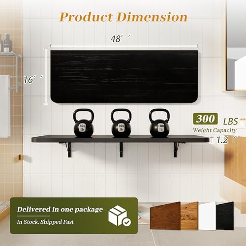 Dogsky Floating Wall Desk, 48" x 16" Wall Mounted Folding Table, Pine Wood Fold Down Wall Table, 300 lb Capacity Wall Mount Desk for Small Apartment, Laundry Room,Kitchen,Bar & Computer Use, Black