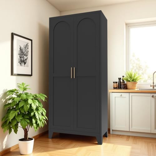 5-Tier Metal Pantry Cabinet, 71" Tall Storage Cabinet with Arched Doors & Adjustable Shelves, Steel Freestanding Utility Cupboard, Black