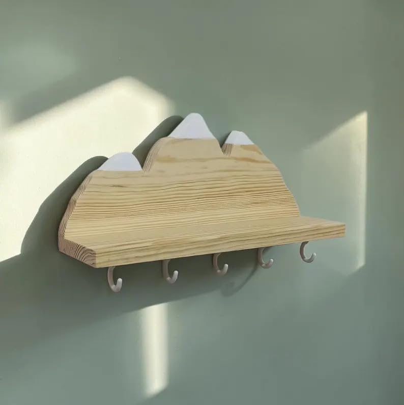 Wooden Mountain Key Holder with Shelf, Rustic Wall Mounted Key Rack, Decorative Entryway Organizer with 5 Hooks, Natural Wood Home Decor for Entryway Bedroom Kitchen