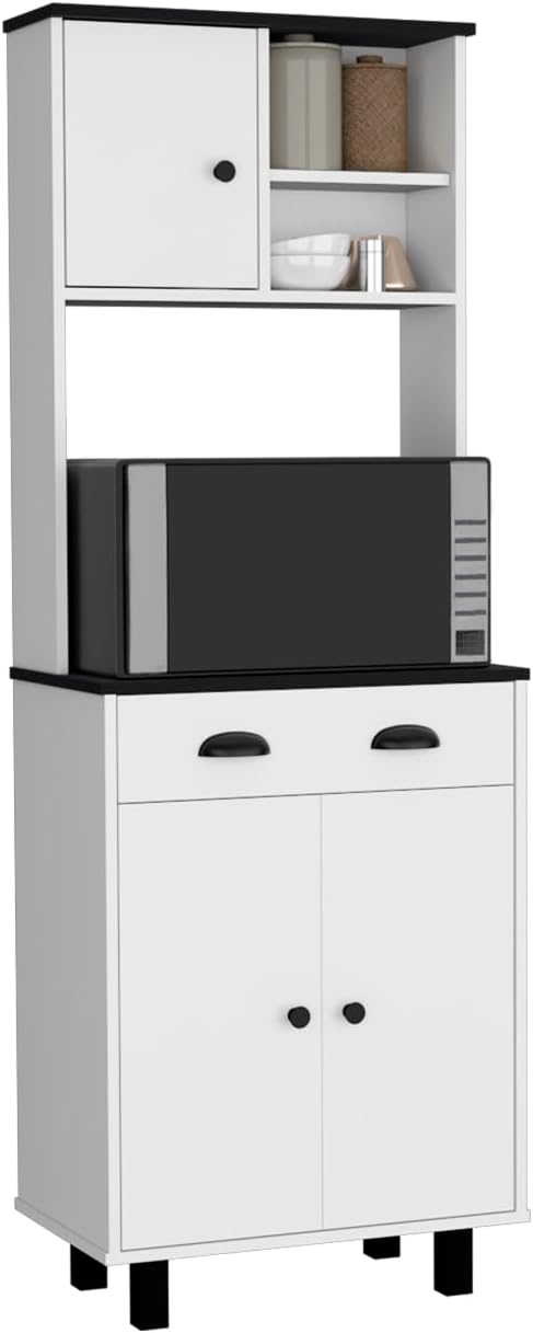 Depot E-Shop Waco 67" H Kitchen Pantry with Two Cabinets, Two Open Shelves, and One Drawer, White/Black