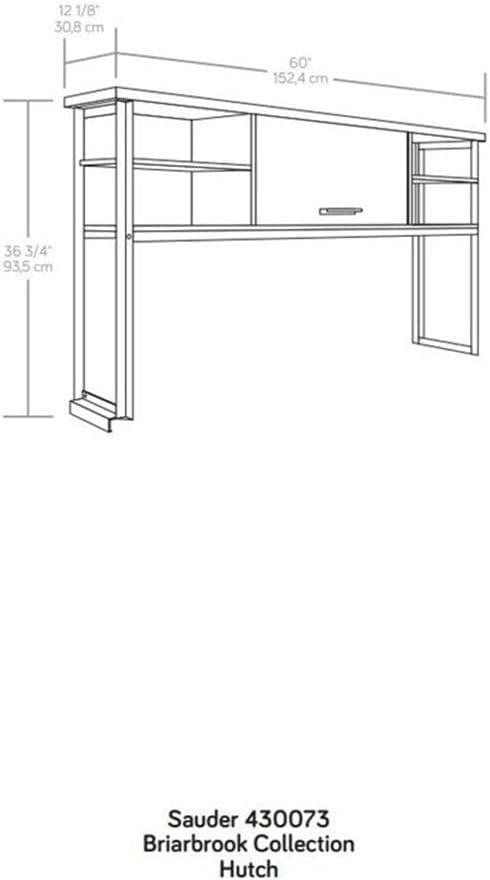 Pemberly Row Contemporary Hutch, 60 in Wide, Engineered Wood and Metal, Barrel Oak Finish, Attaches to Computer Desk, Barrister Door, 2 Adjustable Shelves, Office Storage Organizer