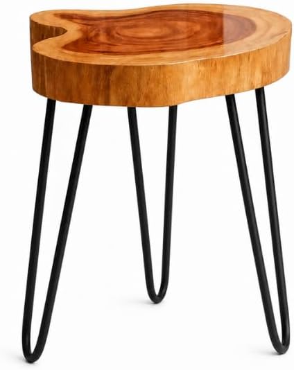 Live Edge Round Wood End Table – Solid Wood Side Table with Mid-Century Hairpin Legs – Unique Handmade Nightstand, Plant Stand for Bedroom, Living Room & Studio Decor