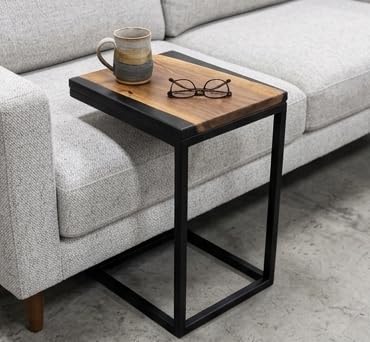 Handcrafted Walnut and Black Epoxy C-Table, Live-Edge Solid Walnut Top, Steel Base, 18x12x25 Inch, Industrial Style