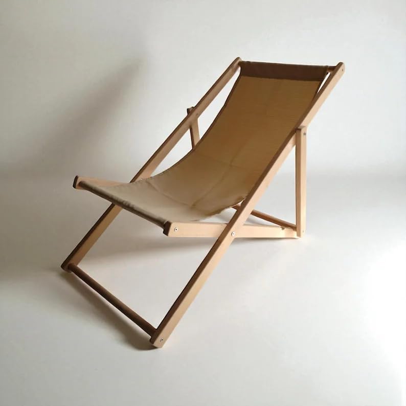 Wooden Folding Beach Chair, Outdoor Sling Chair with Beige Canvas, Portable Lounge Chair for Patio, Deck, Yard, Poolside, Beach, Balcony