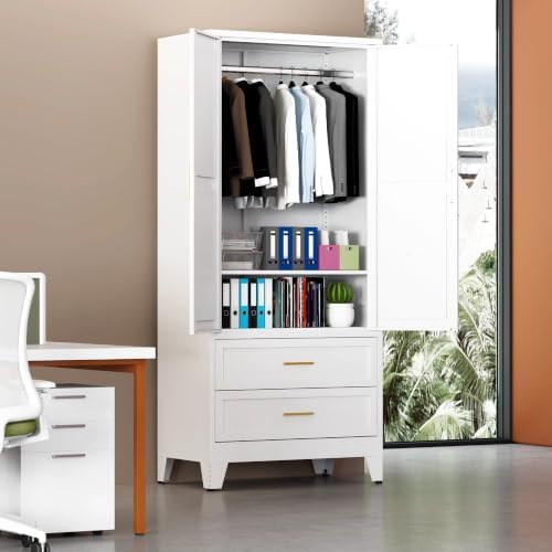 71 "H Armoire Wardrobe Closet with 2 Drawers and Adjustable Shelves | Metal Wardrobe Closet with Doors, Wardrobe Cabinet with Hanging Rod, Closets for Bedroom, Laundry Room, White