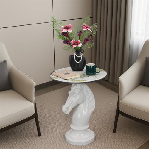 Horse Head Accent Table with Faux Marble Top, Modern Animal Sculpture End Table, Resin Decorative Side Table for Living Room Bedroom Office, Luxury White Statement Furniture