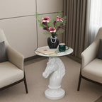 Horse Head Accent Table with Faux Marble Top, Modern Animal Sculpture End Table, Resin Decorative Side Table for Living Room Bedroom Office, Luxury White Statement Furniture