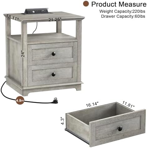 HIFYOBRO End Table with 2 Drawers and Charging Station, Type-C & USB Port & Power outlets, Wooden Storage Cabinet, Large Side Table with Storage for Living Room and Bedroom