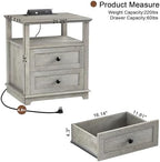 HIFYOBRO End Table with 2 Drawers and Charging Station, Type-C & USB Port & Power outlets, Wooden Storage Cabinet, Large Side Table with Storage for Living Room and Bedroom