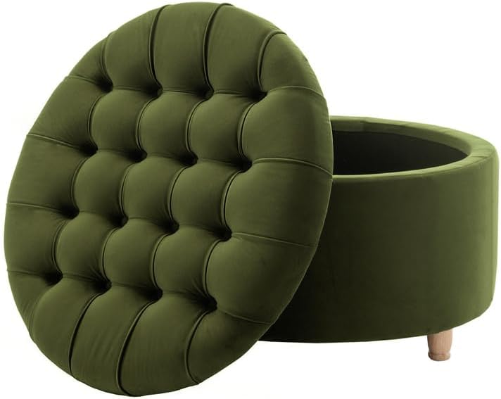 Niche Knight 28-Inch Large Round Pintucked Storage Ottoman with Lift-Off Lid, Tufted Upholstered Accent Footrest for Living Room, Bedroom, Entryway, Hidden Storage – Emerald Green