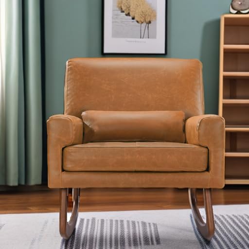 Nursery Works Sleepytime Rocker in Tan PU Vegan Leather with Walnut Legs, Greenguard Gold and CertiPUR-US Certified