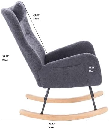 Dark Grey Rocking Chair for Nursery, Steel Frame & Solid Wood Legs Adult Glider, Comfy Teddy Upholstered Accent Armchair for Bedroom Living Room