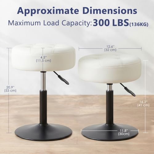 Furniliving Adjustable Swivel Vanity Stool, Makeup Ottoman Stool, PU Leather Chair for Makeup Room, Small Makeup Stool for Vanity, Bedroom, Living Room, White