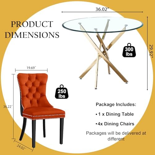 5-Piece Glass Dining Table Set for 4, Include 36" Round Tempered Glass Kitchen Table and 4 Orange Black High Back Chairs for Dining Room, Living Room (Gold Table Legs)