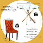 5-Piece Glass Dining Table Set for 4, Include 36" Round Tempered Glass Kitchen Table and 4 Orange Black High Back Chairs for Dining Room, Living Room (Gold Table Legs)
