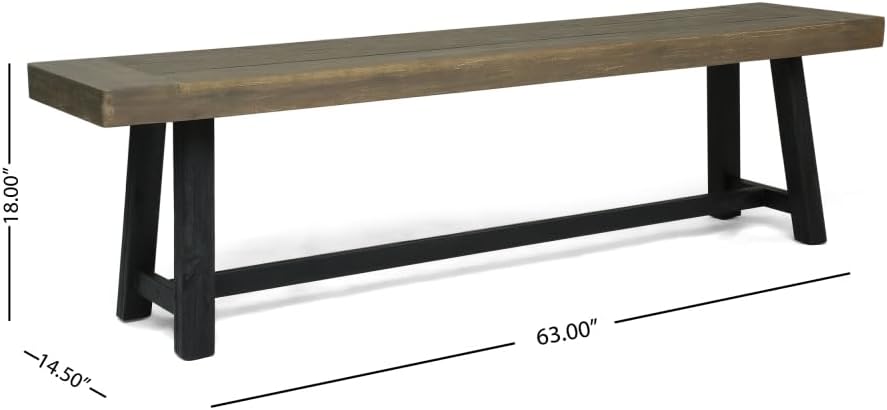 Outdoor Acacia Wood Bench, Sandblast Gray Finish and Black